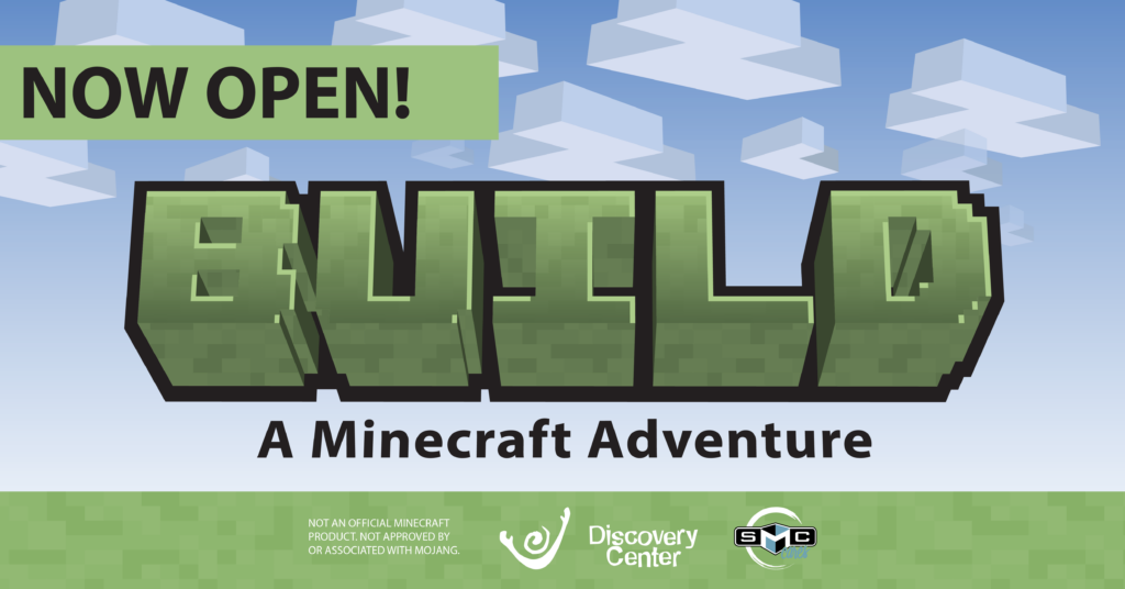 Illustration of a Minecraft inspired field with text that reads Now Open Guild A Minecraft Adventure