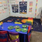 Early childhood classroom with activity table and reading corner